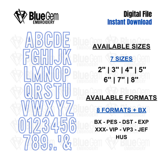 Bean Block Applique Embroidery Font: 2-1 Applique Font - 7 Sizes, 2" - 8", A-Z, 0-9 (BX Font Included)