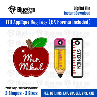 Back to School Bag Tag Embroidery Designs - Set of 3, Apple, Pencil, Ruler, 3 Sizes, BX Format Included (Instant Download)
