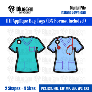 ITH Scrub Top Bag Tag Embroidery Design – Set of 2, 4 Sizes, BX Format Included
