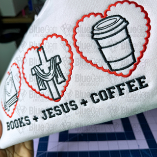 Books, Jesus and Coffee Embroidery Design