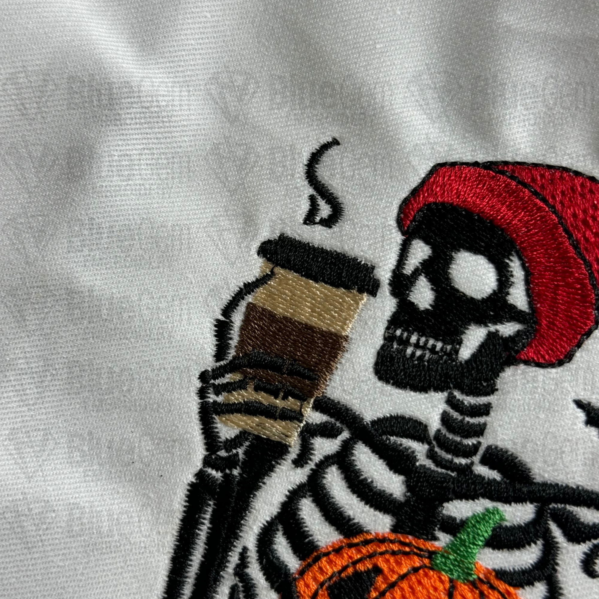 Skeleton with Coffee and Pumpkin Embroidery Design