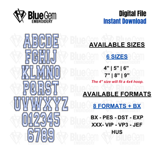 Double Layer Applique Embroidery Font: Tall Varsity Font, 6 Sizes, A-Z, 0-9 (BX Font Included)