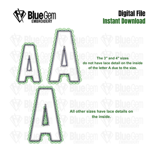 Lace Zigzag Applique Embroidery Font: Faux Lace BX Font, 7 Sizes, A-Z, 0-9 (BX Font Included)