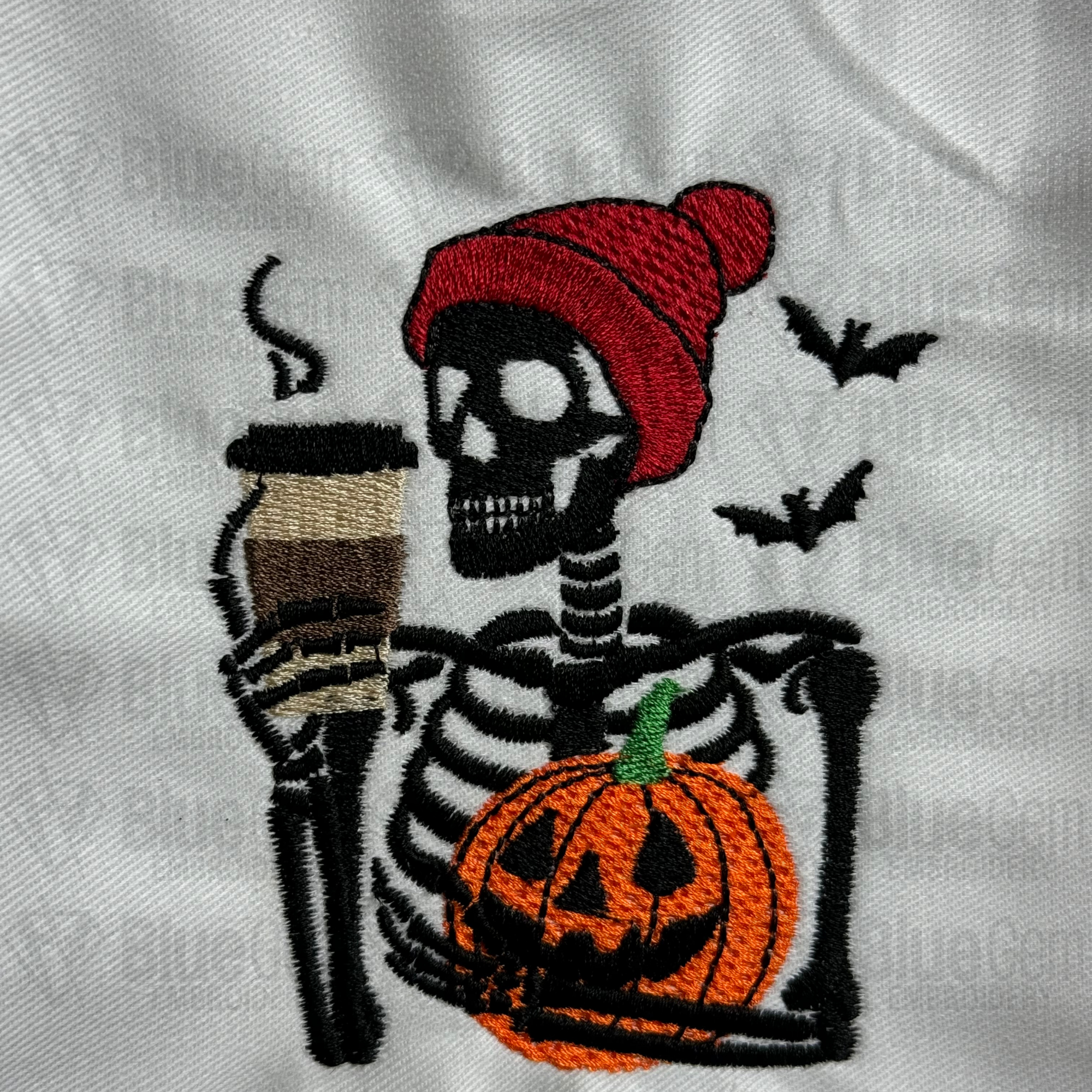 Skeleton with Coffee and Pumpkin Embroidery Design