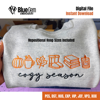 Cozy Season Embroidery Design w Icons - Books