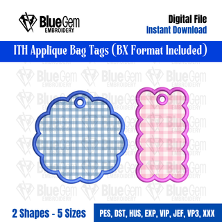 Large Scallop Bag Tag Set Embroidery Design – ITH Applique Luggage Charm, 2 Shapes, 5 Sizes, BX Format Included (Instant Download)