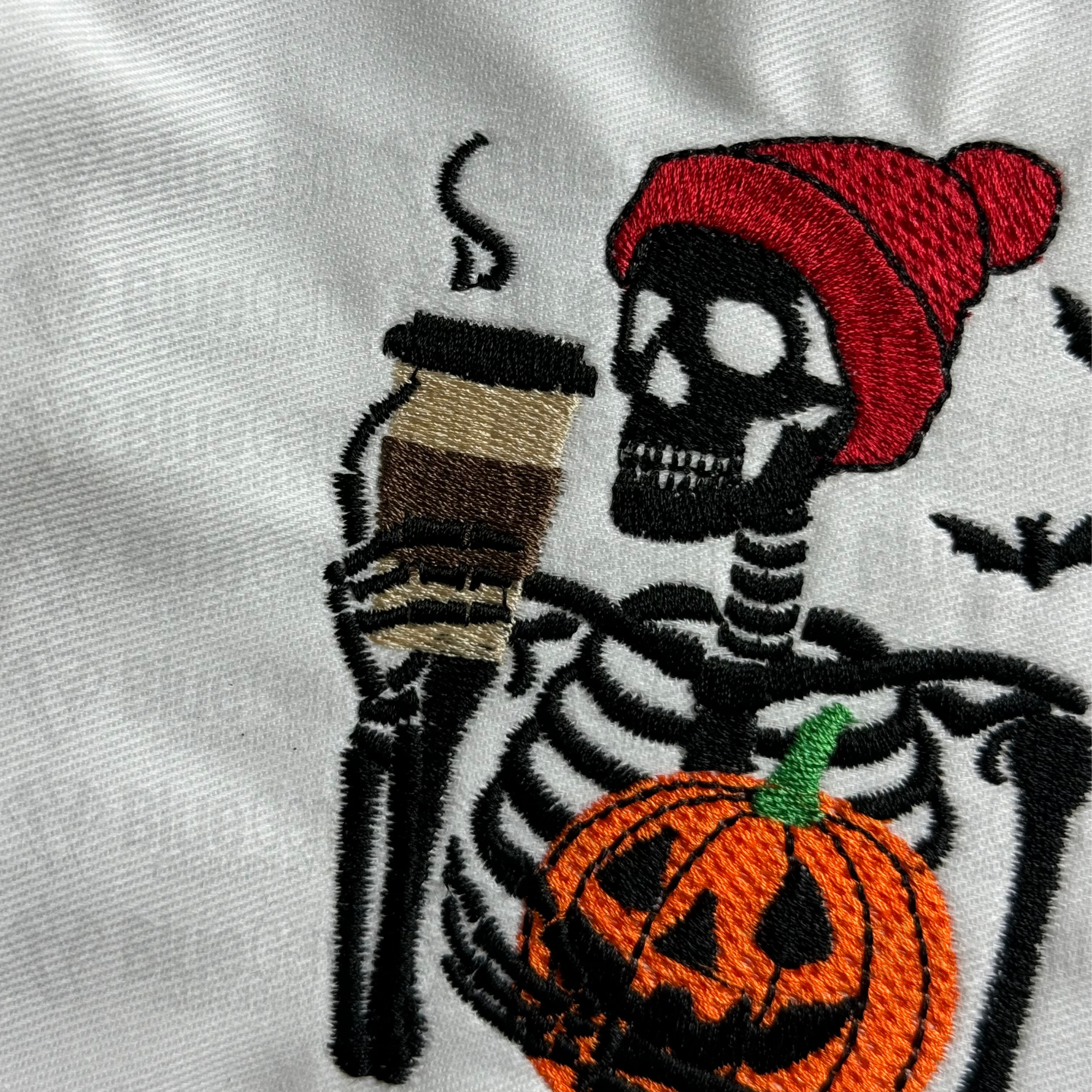 Skeleton with Coffee and Pumpkin Embroidery Design