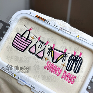 Summer Icons Applique Embroidery Design: Sunny Days Clothing Line Design, 5 Sizes, Split Sizes