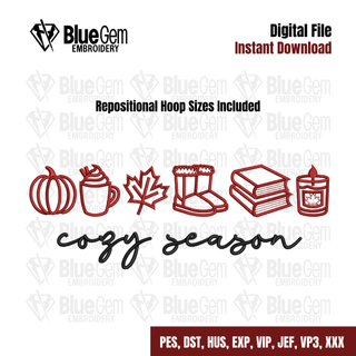 Cozy Season Embroidery Design w Icons - Books