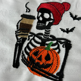 Skeleton with Coffee and Pumpkin Embroidery Design