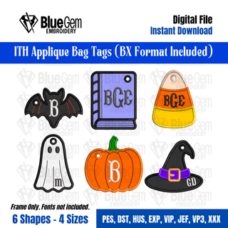 Set of 6 Halloween Bag Tag Embroidery Design – 4 Sizes, ITH Bag Tags, BX Format Included (Instant Download)
