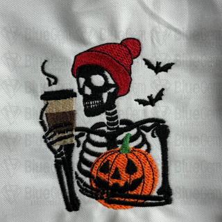 Skeleton with Coffee and Pumpkin Embroidery Design