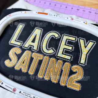 Lacey Satin Applique Embroidery Font: Faux Lace BX Font, 7 Sizes, A-Z, 0-9 (BX Font Included)