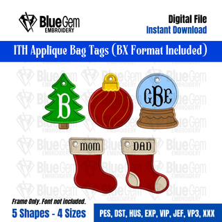 Set of 5 Christmas Bag Tag Embroidery Design – 4 Sizes, ITH Bag Tags, BX Format Included (Instant Download)