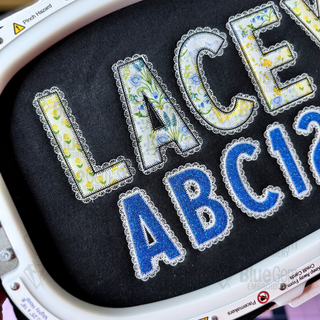 Lace Zigzag Applique Embroidery Font: Faux Lace BX Font, 7 Sizes, A-Z, 0-9 (BX Font Included)