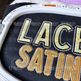 Lacey Satin Applique Embroidery Font: Faux Lace BX Font, 7 Sizes, A-Z, 0-9 (BX Font Included)