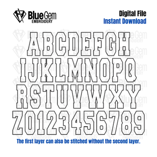 Double Layer Applique Embroidery Font: Tall Varsity Font, 6 Sizes, A-Z, 0-9 (BX Font Included)