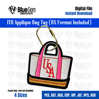 In-The-Hoop Tote Bag Tag Embroidery Design – Applique Luggage Charm, 4 Sizes, BX Format Included