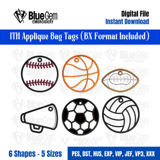 Set of 6 Sports Ball Bag Tags Embroidery Design – 5 Sizes, BX Format Included (Instant Download)