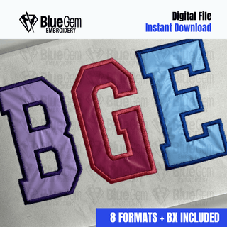 College Applique Embroidery Font, 5 Sizes, 8 Formats, BX included - Blue Gem Embroidery