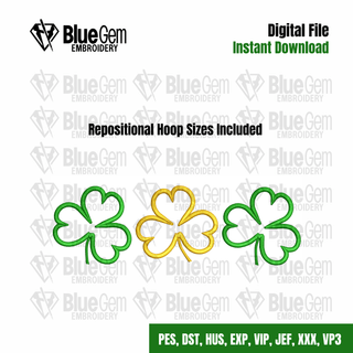 Shamrocks Applique Embroidery Design with Repositional Hoop Sizes, 5x12, 4x6.75, 6x10, 5x7, 8x12 St. Patrick's Day Embroidery, 5 sizes, 8 Formats - Blue Gem Embroidery