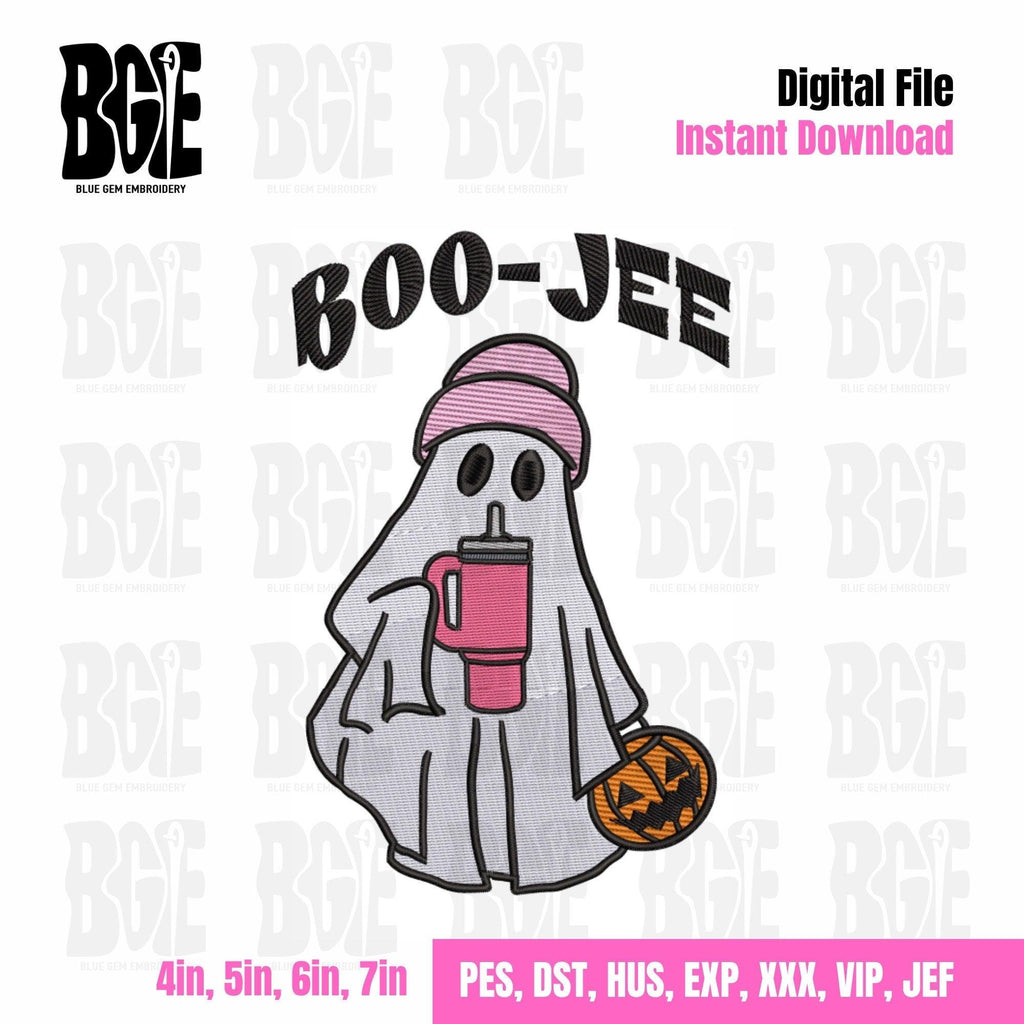 Boojee Ghost with Stanley Tumbler Embroidery Design – Blue Gem Embroidery